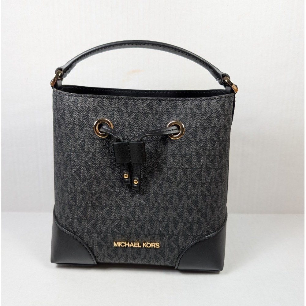 Michael Kors Mercer Small Logo Mini Bucket Bag Black Leather
